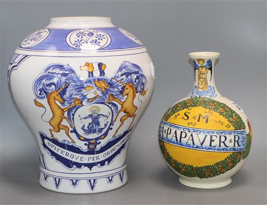 A blue and white drug jar and a Majolica jar tallest 35cm